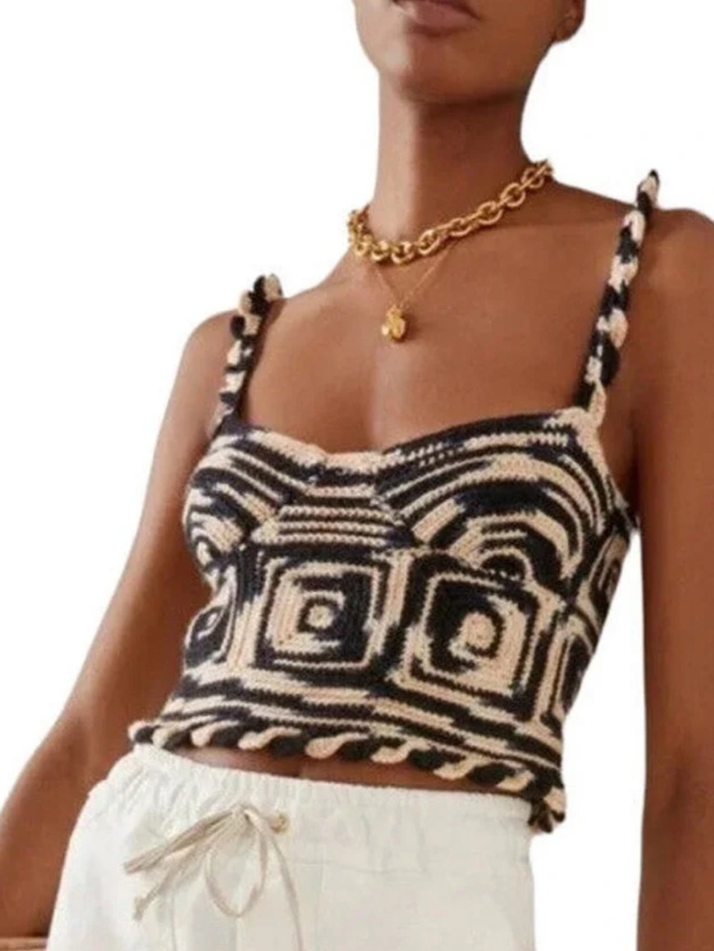 Women’s Black and Cream Knit Cropped Tank Top